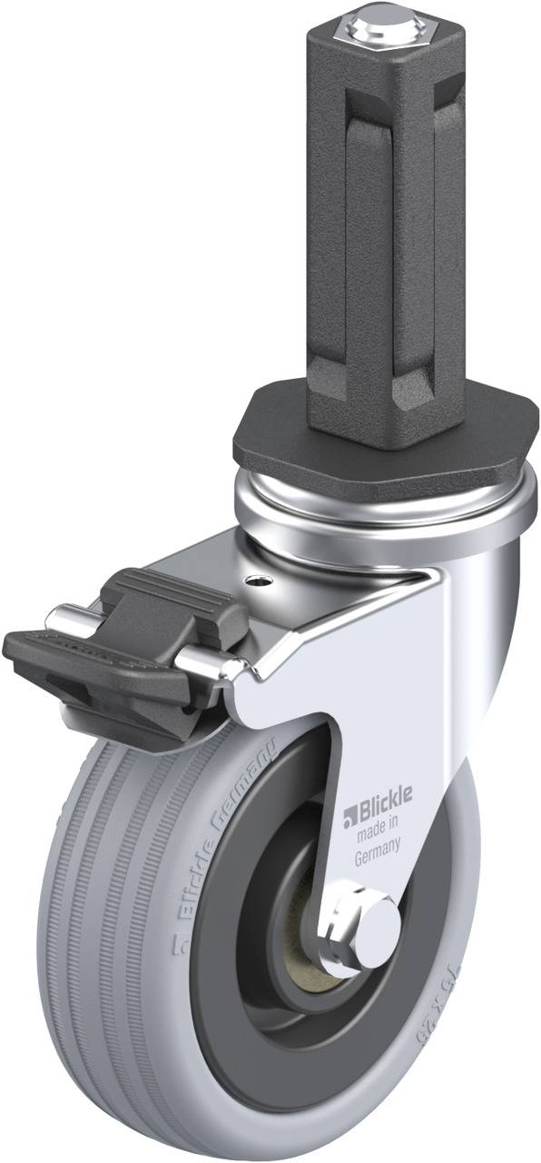 Industrielle Lenkrolle mit grauem Rad und schwarzem Befestigungsstift, seitlich montierbarem Bremssystem, Logo 'Blickle'.