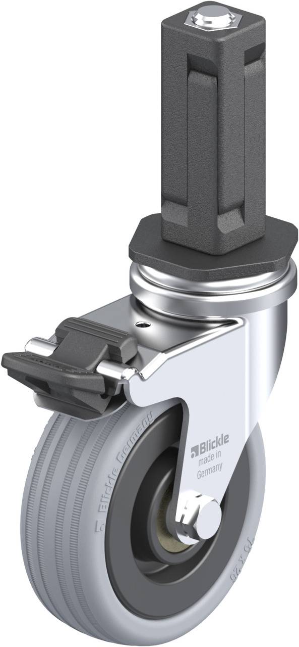 Schwenkrolle mit grauer Gummibereifung und Feststeller. Geeignet für Transportgeräte. Robust und leise im Gebrauch.