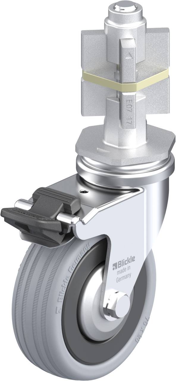 Lenkrolle mit Metallhalterung, grauem Rad und Bremse. Geeignet für industrielle Anwendungen und schwere Lasten.
