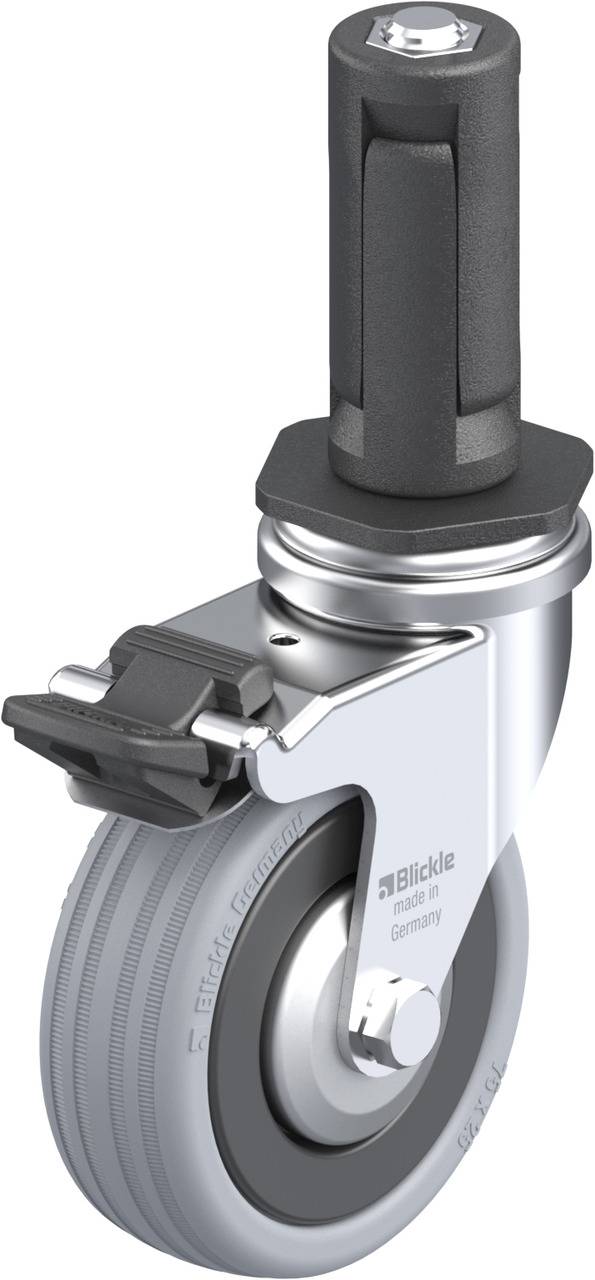 Schwenkrolle mit grauem Rad, Metallhalterung und schwarzem Schaft, geeignet für Transportgeräte oder Möbel.