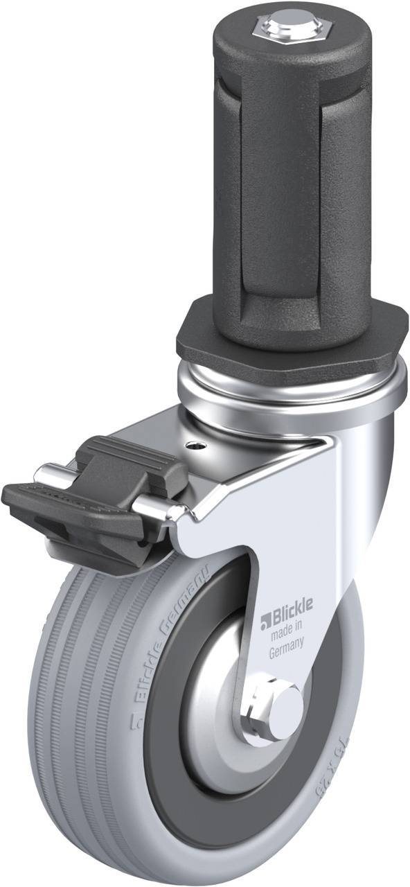 Schwerlastrad mit Bremse und drehbarem Gehäuse. Enthält einen Gummireifen und ein schwarzes, zylindrisches Steckrohr.