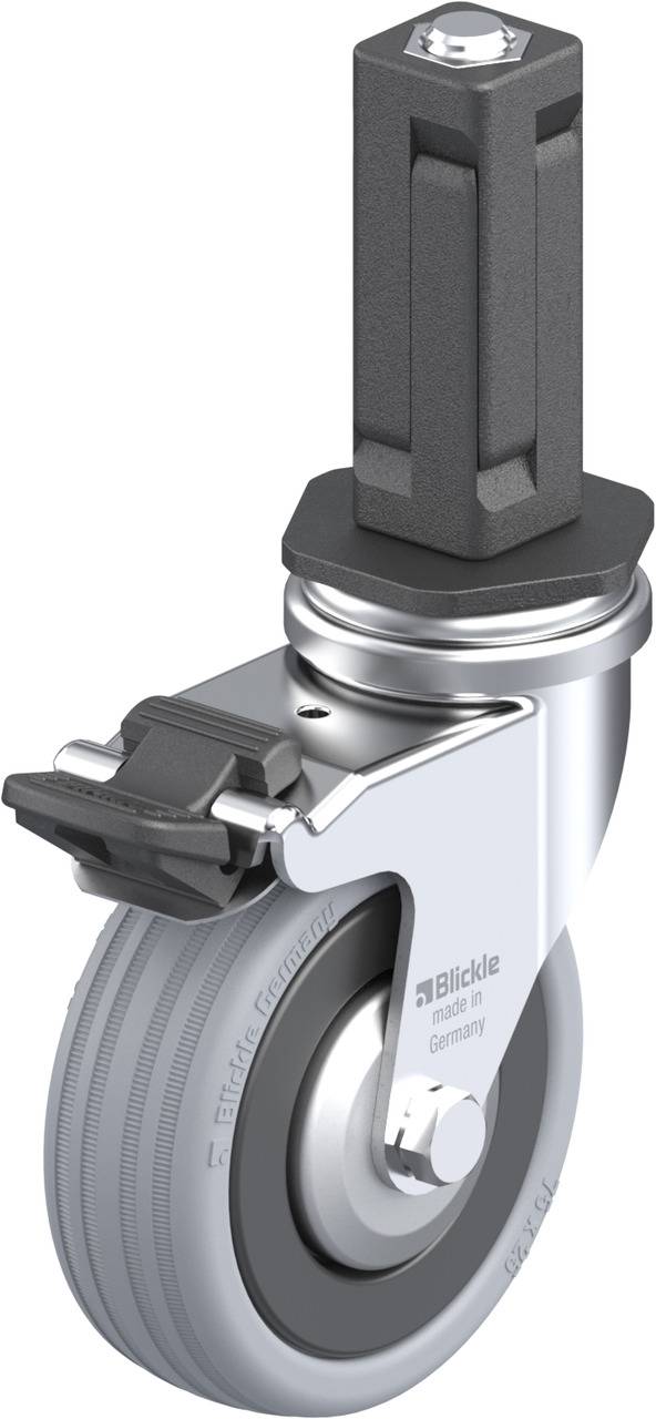 Steckbolzenrolle aus Metall und Kunststoff mit Bremse, von Blickle. Geeignet für Möbel oder Geräte, mit drehbarem Rad und stabiler Halterung.