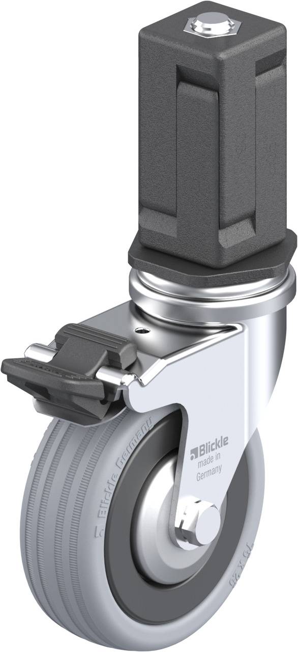 Industrie-Schwenkrolle mit einem robusten Metallgehäuse, grauem Gummirad und schwarzer Bremse.