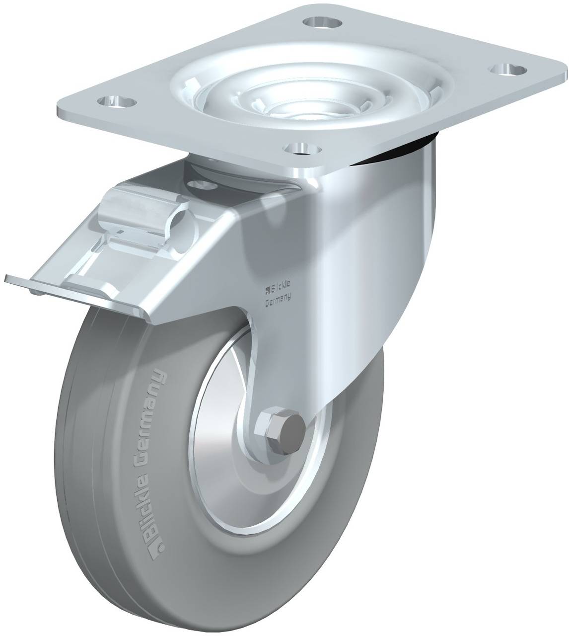 Ein einzelnes graues Industrierad mit Montageplatte, seitlicher Feststellbremse und silbernem Gehäuse.