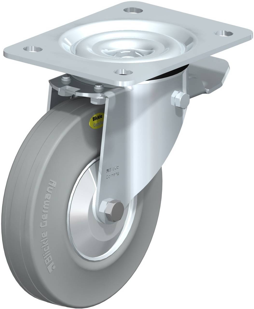 Drehbares Industrie-Rollenrad aus Metall mit grauem Rad und Befestigungsplatte, geeignet für schwere Lasten in gewerblichen Anwendungen.