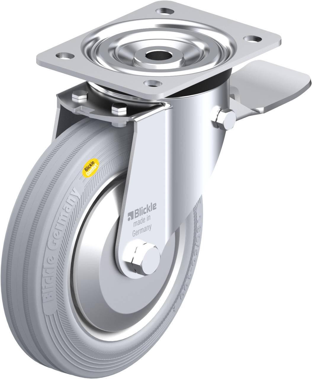 Metallrolle mit verzinkter, rechteckiger Halterung. Beschriftet mit 'Blickle made in Germany'. Geeignet für industrielle Anwendungen.