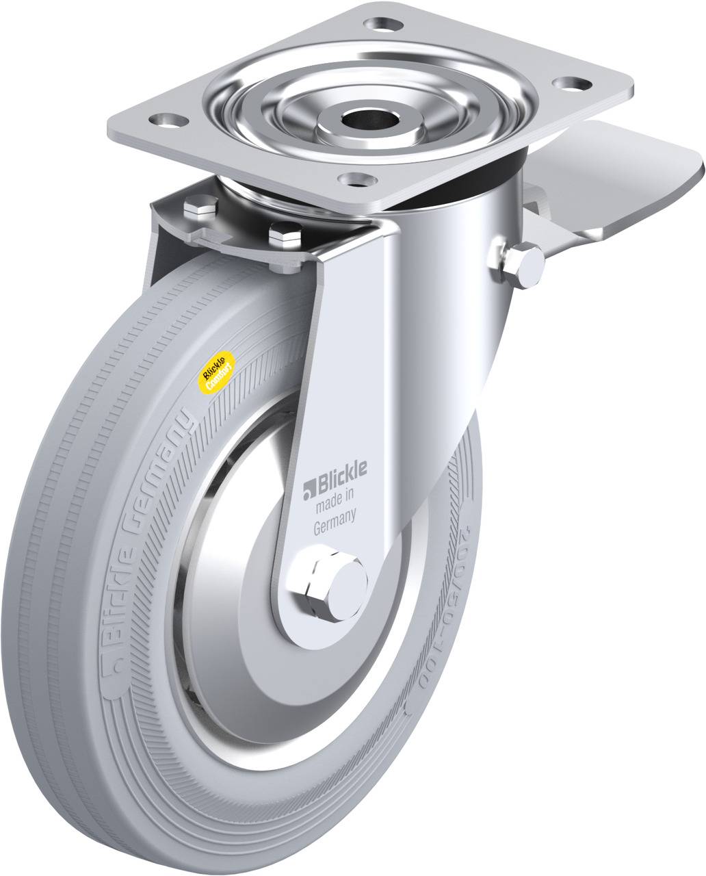 Metallenes Lenkrolle mit Bremse und grauem Gummirad, geeignet für schwere Lasten. 'Blickle' und 'made in Germany' sind aufgedruckt.
