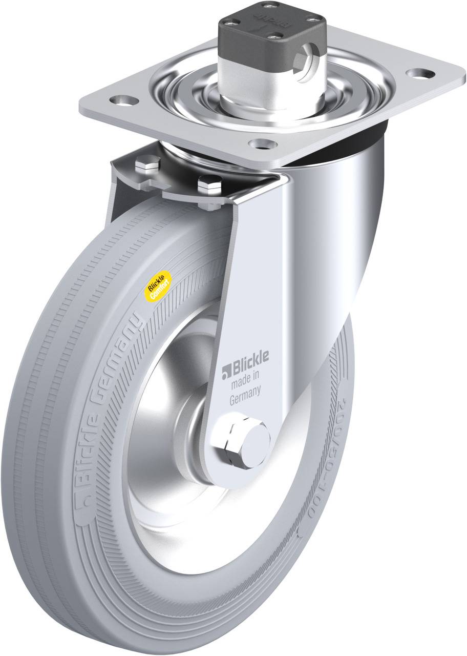 Drehbares Schwerlastrad aus Metall und Gummi mit Befestigungsplatte. Geeignet für industrielle Anwendungen, hergestellt in Deutschland.