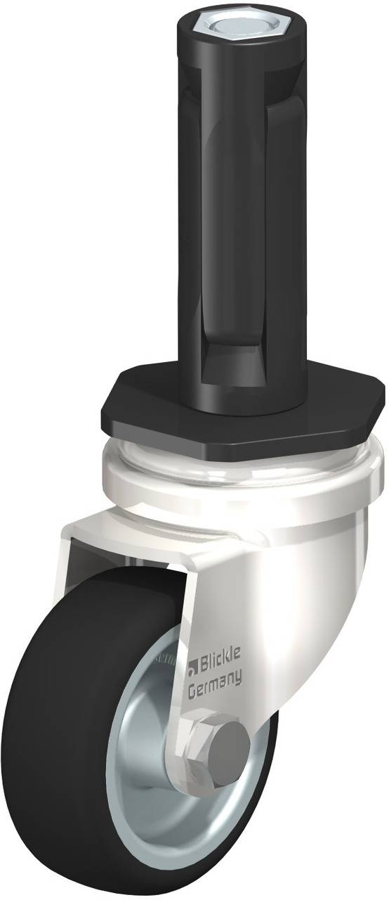 'Lenkrolle mit schwarzem Stahlschaft, silbernem Gehäuse und schwarzem Rad. Beschriftung: 