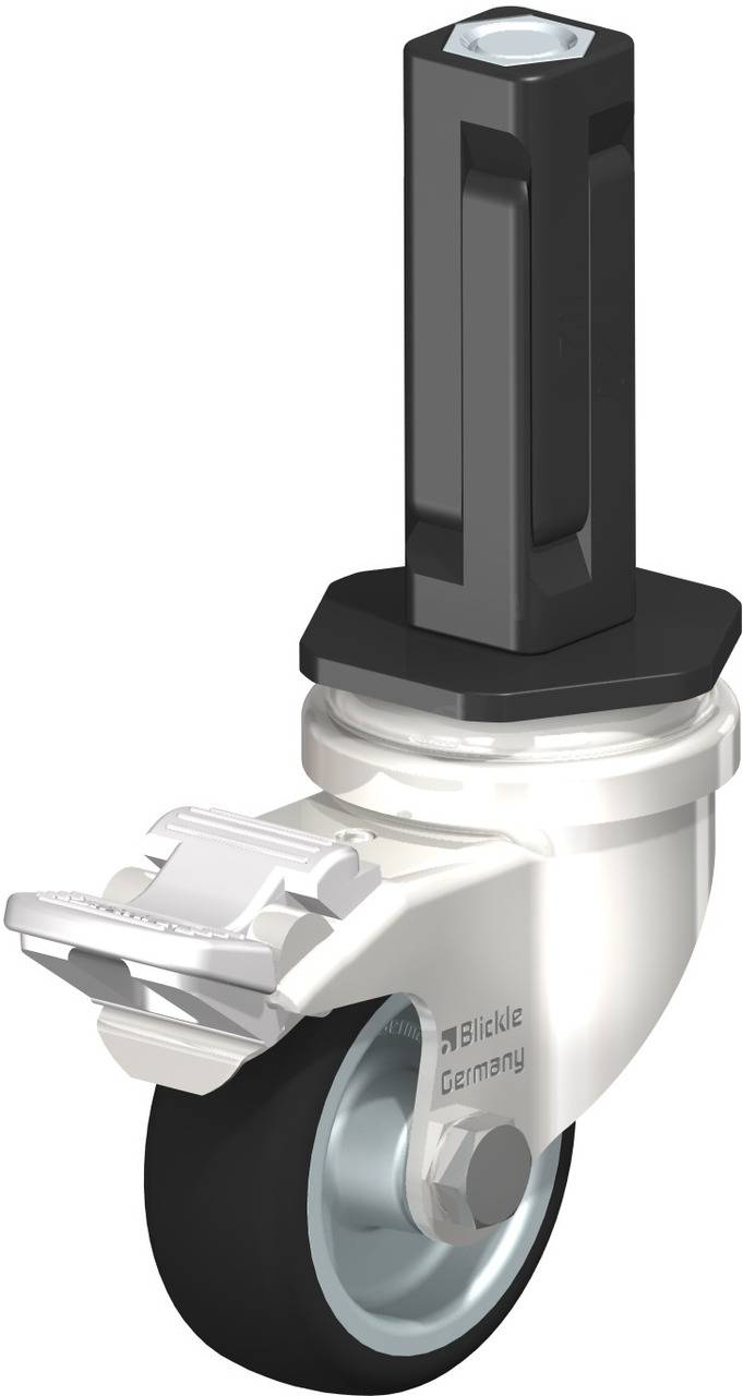 Industrie-Lenkrolle mit schwarzem Kunststoffgehäuse, silberner Radachse und solidem, schwarzen Steckbolzen; von der Marke Blickle.