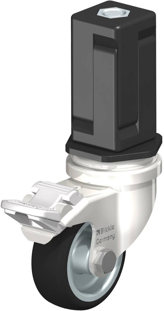 Schwenkrolle mit rechteckigem Adapter und Bremse, silberfarbenes Metall, schwarzer Reifen, Produkt von Blickle Germany.