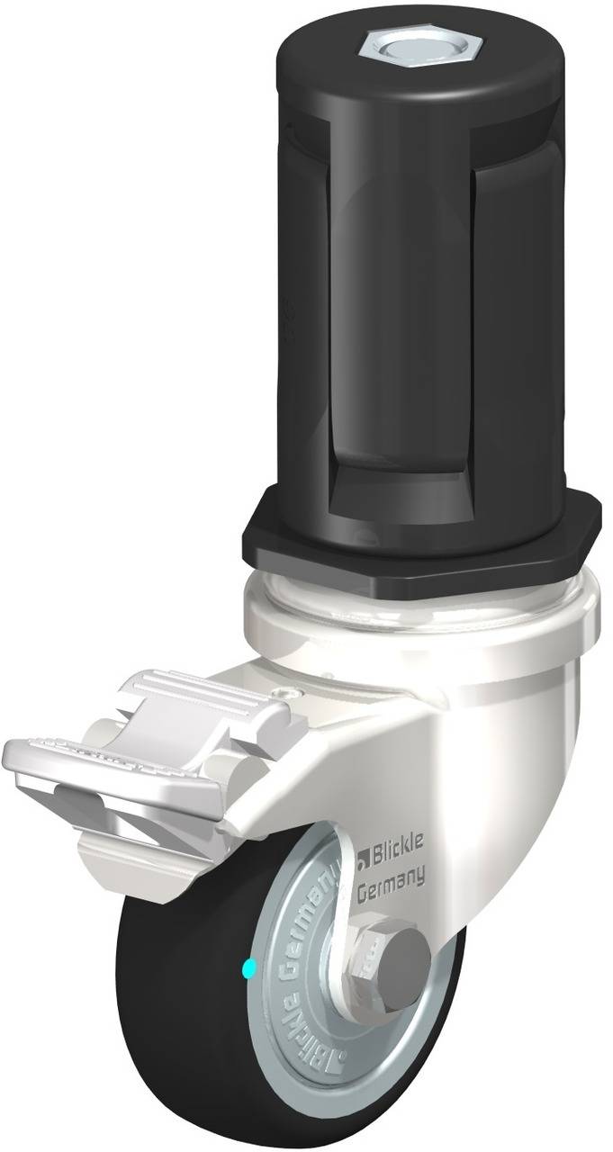Industrie-Rolle mit Bremse und schwarzem Gehäuse, geeignet für schwere Lasten. Hergestellt in Deutschland.