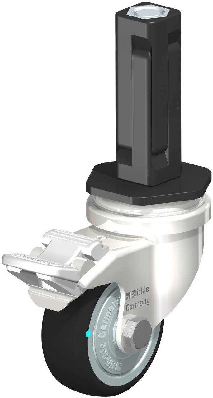 Eine einzelne Lenkrolle mit Bremse, geeignet für Transportgeräte. Die Rolle ist schwarz und hat einen robusten Halterung.<br><br><br>