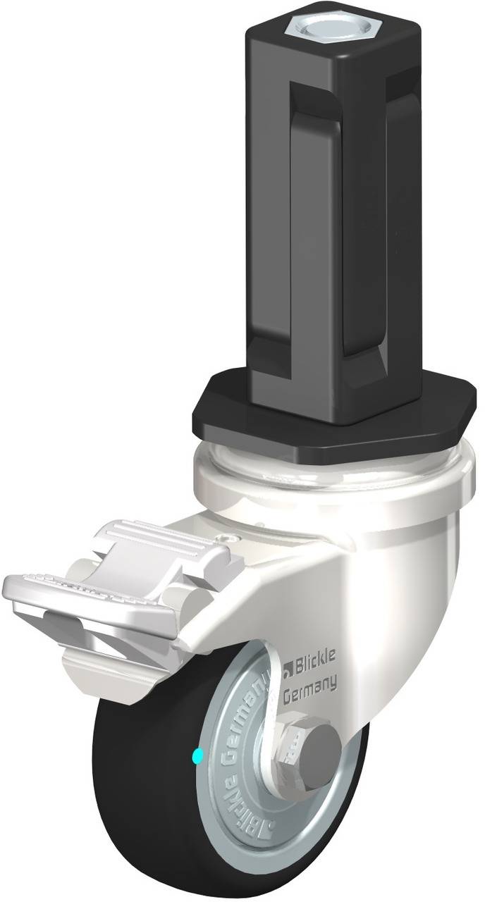 Metall-Lenkrolle mit Gummi-Rad und schwarzer Befestigung. Aufschrift 'Blickle Germany' auf der Radseite.
