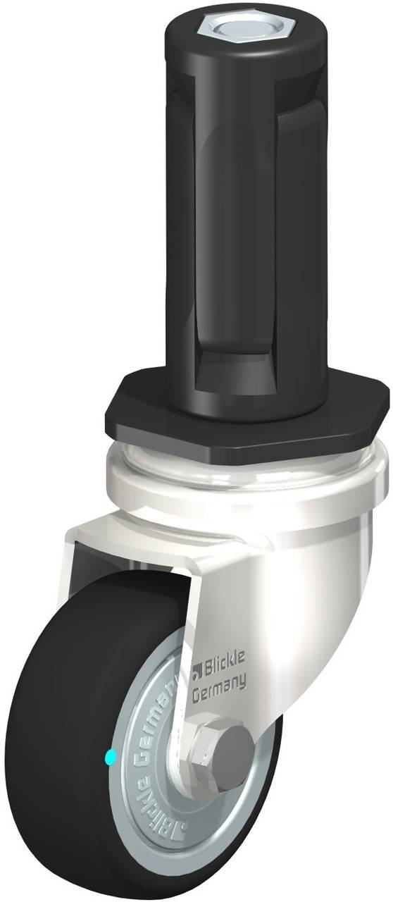 Lenkrolle mit schwarzem Rad und schwarzem Stift zur Befestigung. Geeignet für Möbel oder Geräte. Aufschrift 'Blickle Germany'.