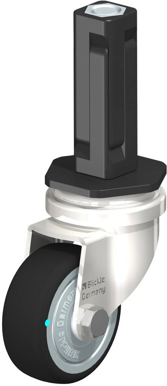Drehbare Rolle aus Metall und Gummi, mit sechseckigem Anschraubstift, geeignet für industrielle Anwendungen.