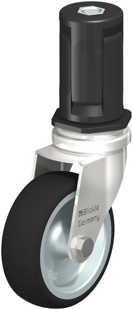 Industrierad mit schwarzem Kunststoffrad und silberner Halterung, geeignet für schwere Lasten. Markenname 'Blickle Germany' sichtbar.