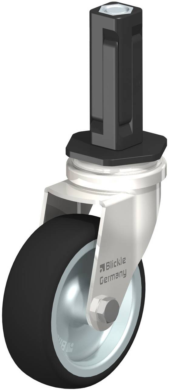 Drehbares Lenkrollenrad mit Metallhalterung und Gummi-Lauffläche, geeignet für industrielle Anwendungen.
