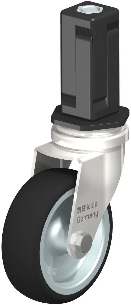 Ein drehbares Kunststoffrad mit Halterung und Schraube, geeignet für Möbel oder Geräte, zeigt Markierung 'Blickle Germany'.