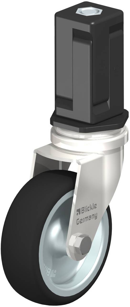 Schwenkrolle mit rechteckigem Gehäuse, schwarzem Rad und silbernem Befestigungsrahmen, geeignet für Möbel oder Industrieanwendungen.