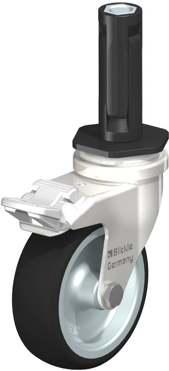 Rollenrad mit schwarzem Reifen, Metallhalterung und Aufschrift 'Blickle Germany'.