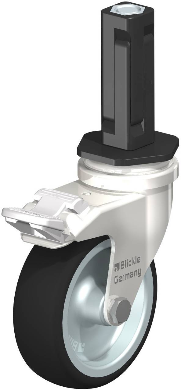 Gummirad mit glänzendem Metallgehäuse und Befestigungsplatte, Markenname 'Blickle Germany' sichtbar auf der Seite.