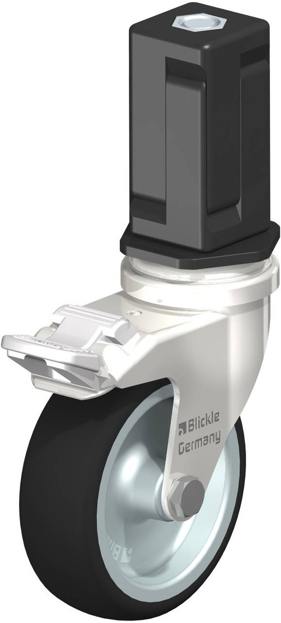 Ein einzelnes, drehbares Transportrollenrad mit Metallgabel und schwarzem Kunststoffgehäuse. Aufschrift: 'Blickle Germany'.