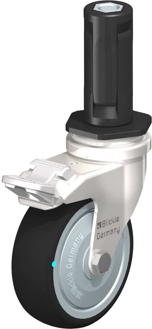 Industrierolle mit Bremse, auf der Seite ist 'Blickle Germany' eingeprägt. Sie ist für den Einsatz in Transportgeräten geeignet.