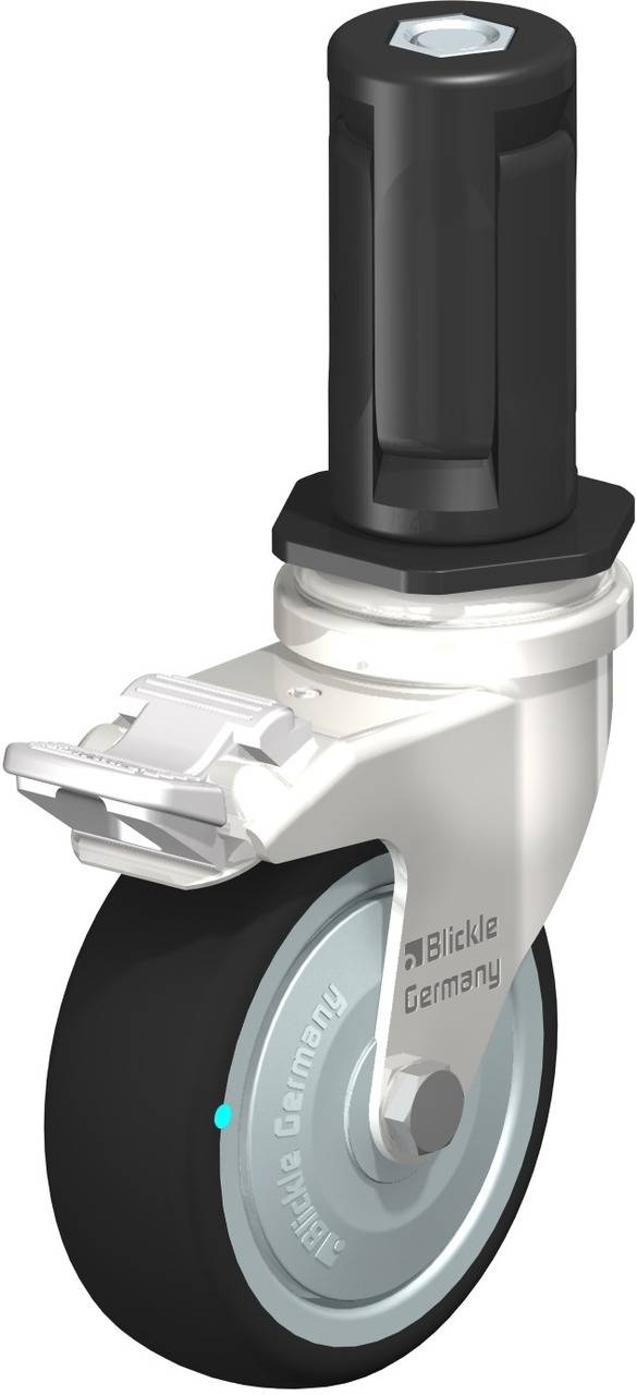 Abgebildet ist eine Lenkrolle mit Gummibereifung und Feststellvorrichtung. Es trägt die Aufschrift 'Blickle Germany'.