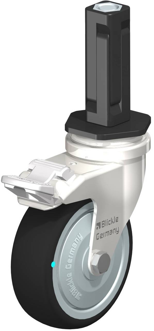 Drehbares Rad mit grauem Kunststoffreifen und schwarzem Stift für eine technische oder industrielle Anwendung.