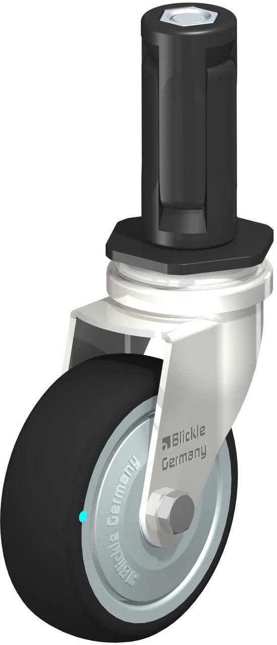 Schwenkrolle mit schwarzem Rad und silberner Halterung, graviert mit 'Blickle Germany'. Geeignet für Möbel oder Transportwagen.
