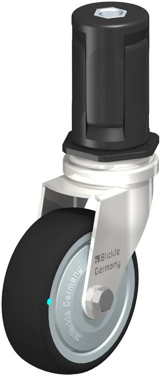 Abgebildet ist ein schwarzes Laufrollenrad mit Gehäuse von Blickle Germany, verwendbar in Industrieanwendungen zur Mobilität von Geräten.