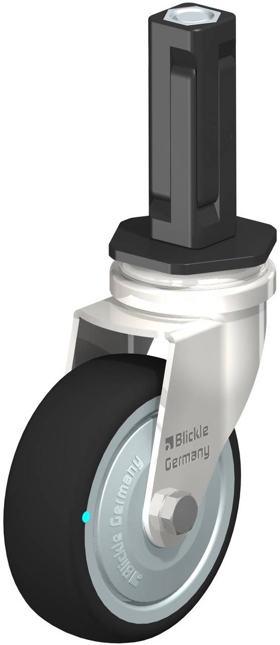 Rolle aus Metall und Gummi, geeignet für schwere Lasten. Präzisionskugellager für reibungsloses Drehen. Marke: Blickle Germany.