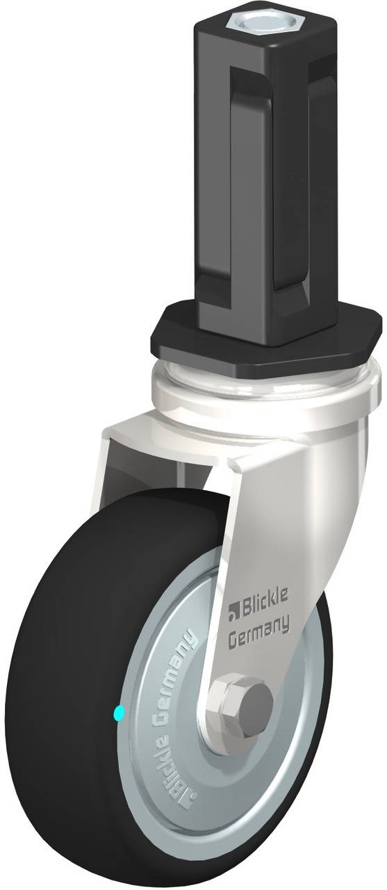 Rollenrad aus Metall und Kunststoff, Beschriftung 'Blickle Germany' sichtbar.