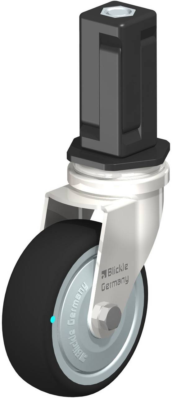 Schwenkrolle mit schwarzem Rad und silbernem Gehäuse, geeignet für Transportgerätschaften. Markierung 'Blickle Germany'.