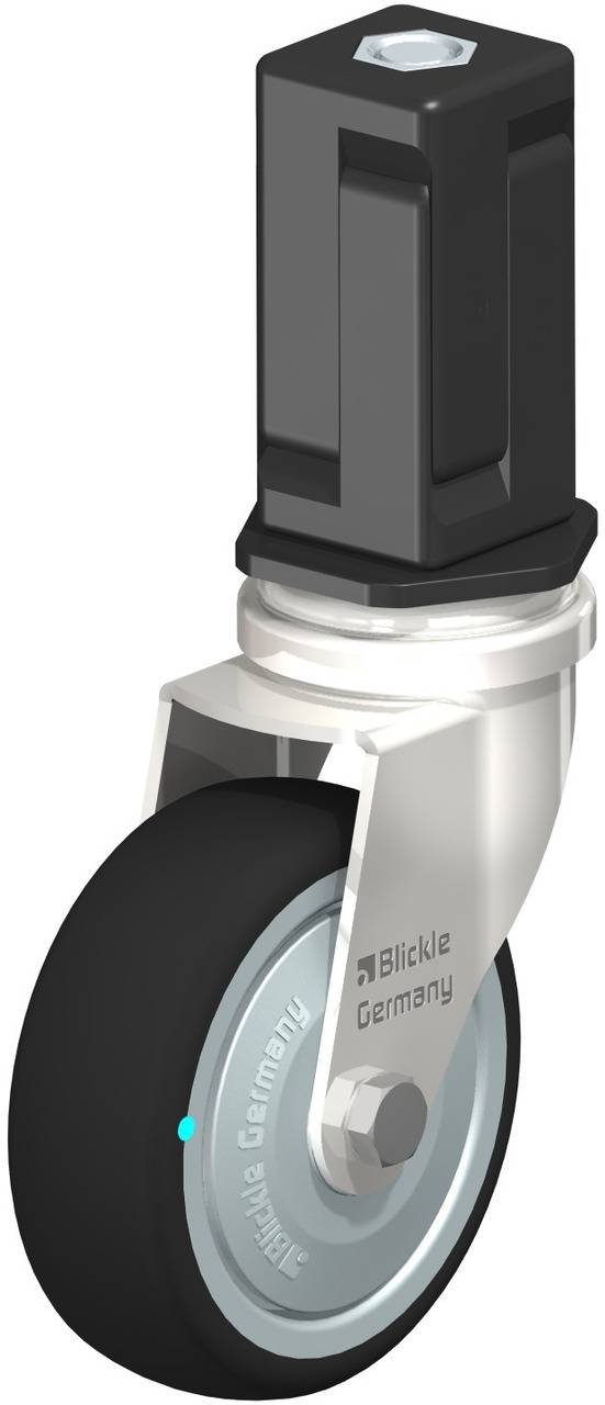 Schwenkrolle mit schwarzem Rad und silbernem Gehäuse von 'Blickle Germany', geeignet für Möbel oder industriellen Einsatz.