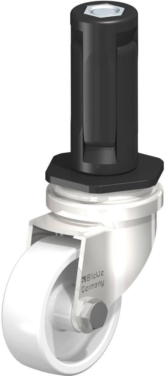 Schwenkrolle mit weißem Rad und schwarzem Befestigungselement. Aufschrift 'Blickle Germany'. Geeignet für bewegliche Objekte.