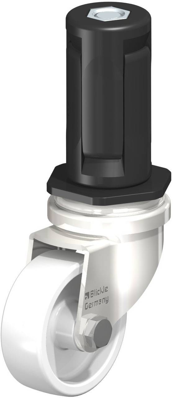Einzelnes, weißes Schwenkrolle mit schwarzem Montagezapfen, geeignet für Transportgeräte oder Möbel, mit einem sechseckigen Schraubenkopf oben.