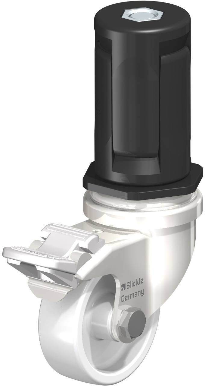 Modulares Rollenstück mit schwarzem Griff, silberner Radgabel und silbernem Rad. Eignet sich für flexible Möbel- oder Gerätebewegungen.