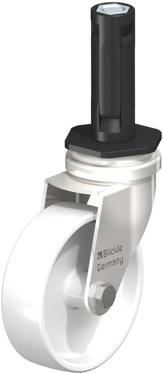 Industrie-Rolle mit weißem Rad und schwarzem Befestigungszapfen, seitlich sichtbar. Auf dem Metall steht 'Blickle Germany'.