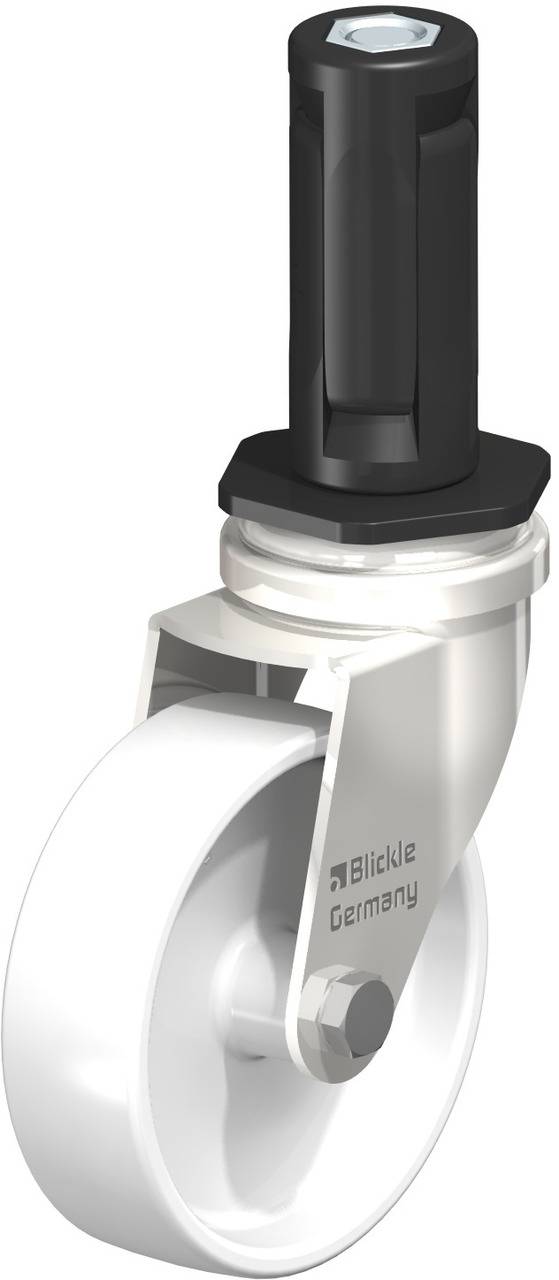 Schwenkrolle mit weißem Rad und schwarzem Stift von Blickle Germany, geeignet für den Einsatz in Möbeln und Transportmitteln.