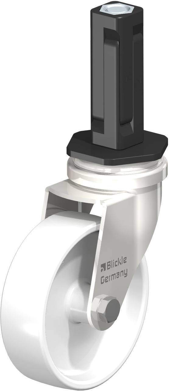 Schwenkrolle aus Metall und Kunststoff mit rechteckigem Bolzen oben und der Aufschrift 'Blickle Germany' an der Seite.