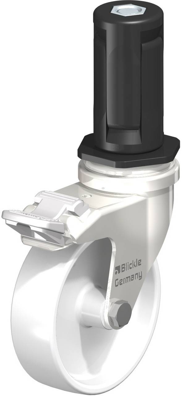 Ein silbernes Lenkrollenrad aus Kunststoff mit schwarzem Griff. Aufschrift 'Blickle Germany' an der Seite.