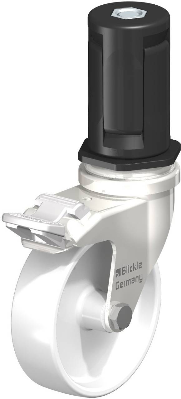 Schwenkrolle mit feststellbarem Doppelrad und Schraubanschluss, geeignet für schwere Lasten in industriellen Anwendungen.