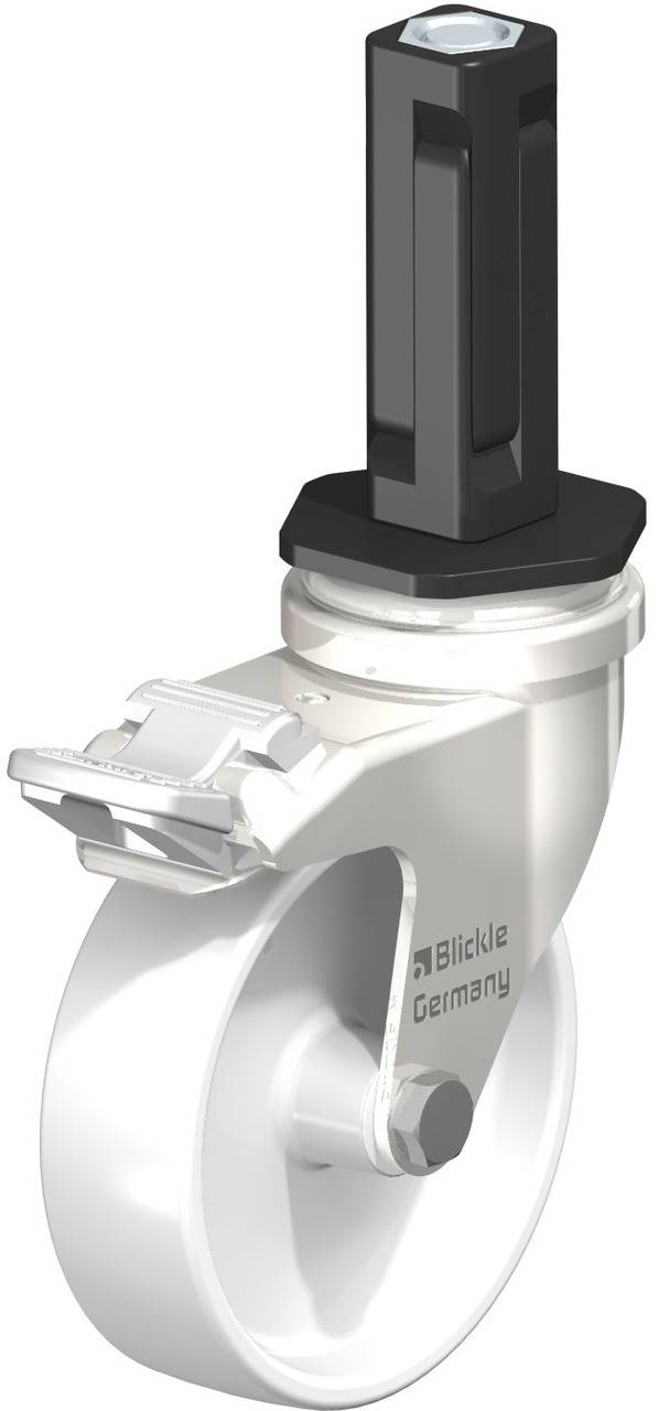 Eine weiße Lenkrolle mit Halterung und integriertem Verriegelungsmechanismus, hergestellt von 'Blickle Germany'.