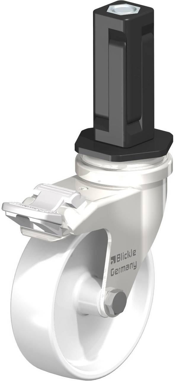 Ein weißes Schwenkrollenrad mit schwarzem Montagebolzen, hergestellt von Blickle Germany. Es ist für den Einsatz an Möbeln oder Geräten konzipiert.