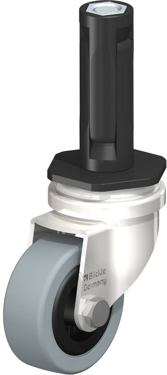 Ein Industrie-Lenkrolle mit einem grauen Rad, schwarzem Stift und silbernem Gehäuse. Auf dem Gehäuse steht 'Blickle Germany'.