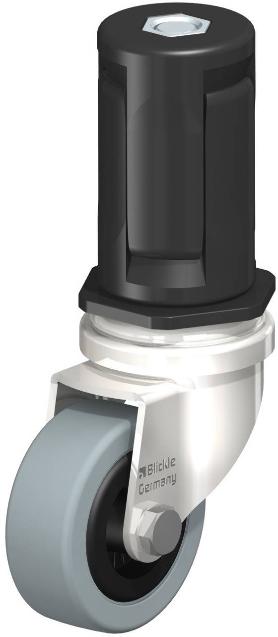 Drehbarlenkrolle mit schwarzem Kunststoffgehäuse, grauem Rad und Metallhalterung, beschriftet mit 'Blickle Germany'.
