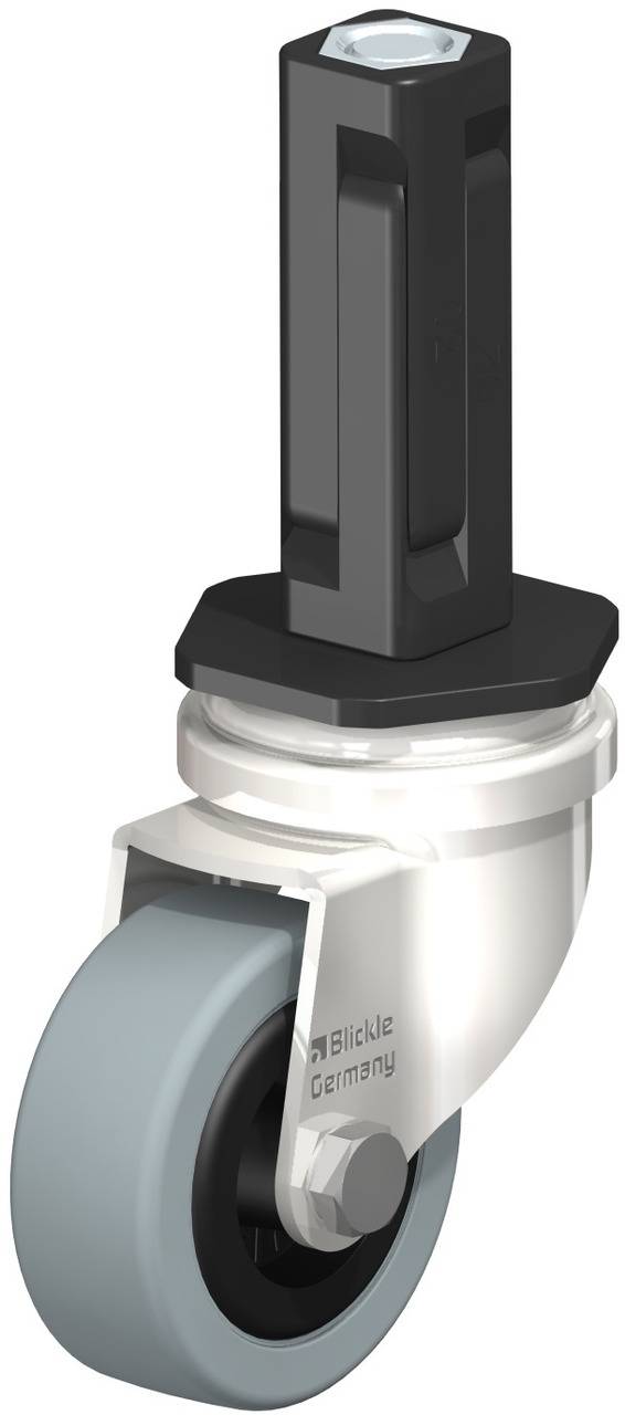 Eine graue lenkbare Rolle mit einer vertikalen Befestigungsvorrichtung und einem schwarzen Gehäuse, geeignet für industrielle Anwendungen.