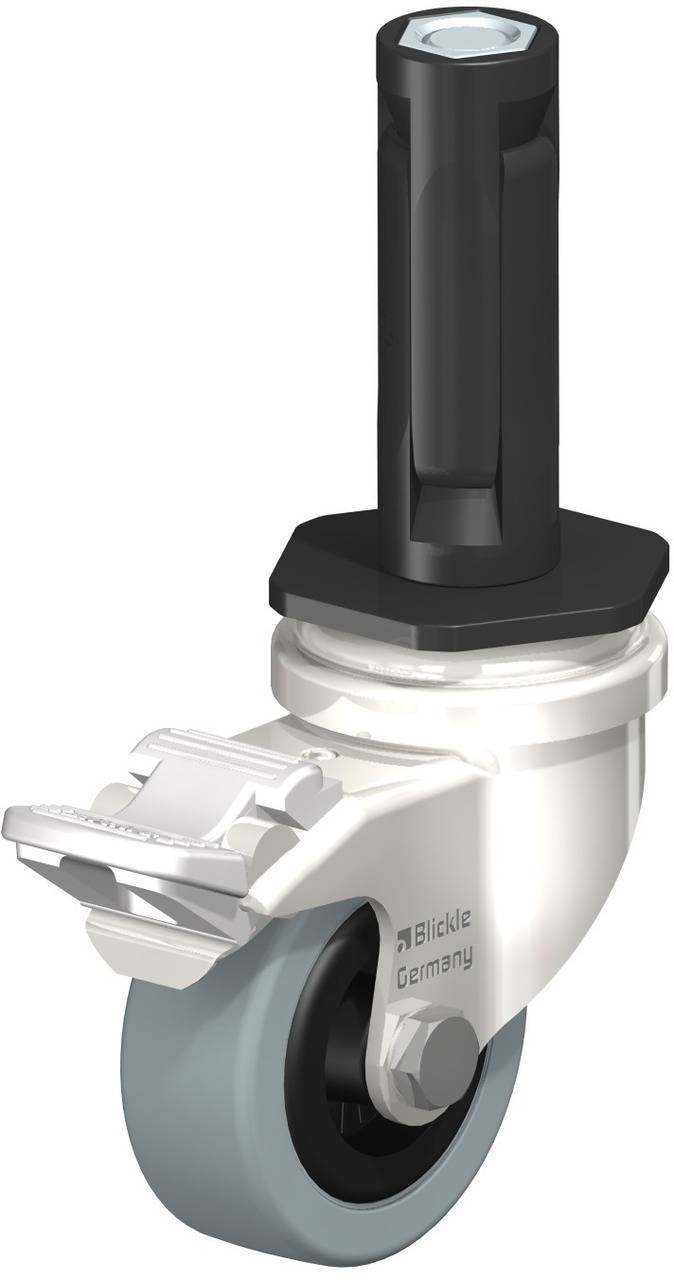 Eine graue Apparaterolle von Blickle mit Stiftbefestigung, geeignet für den Einbau in Möbel oder Geräte.
